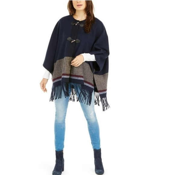 RUGBY Coat Fringe-Trim Navy Blue Gray Burgundy Stripe Color Block NWOT One Size - Picture 1 of 14